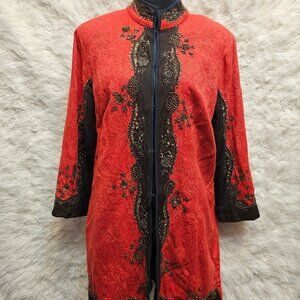 Chico's Women's Berry Red Heritage Beaded Coji Jacket Beaded Trim Size 2